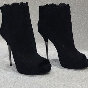 bebe Black Lace Peep-Toe Heeled Boots